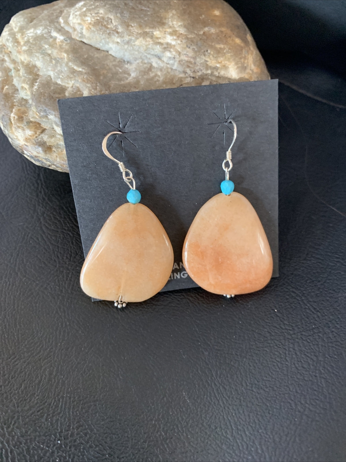 Womens Navajo Tan Jasper Blue Turquoise Sterling Silver Earrings 2" 13101
