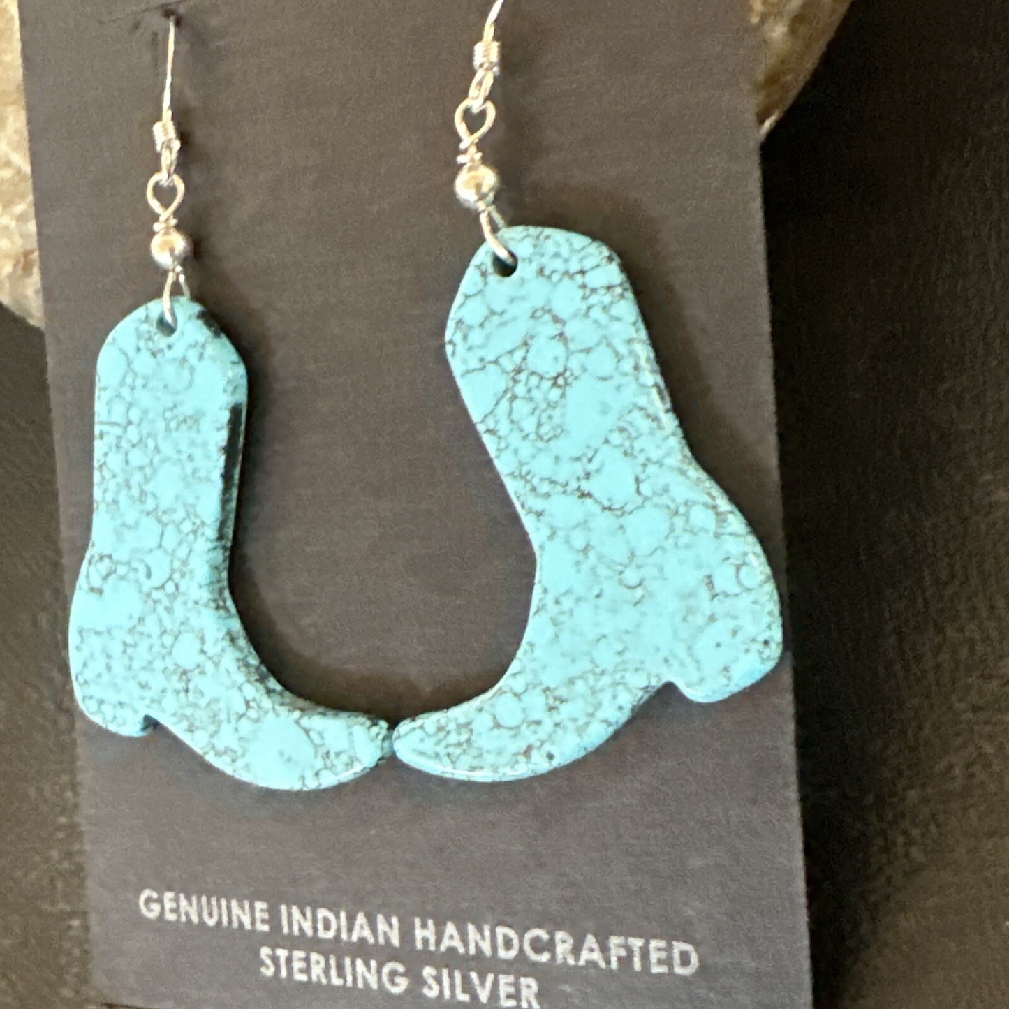 Western Cowboy Boots Navajo Slab Blue Turquoise Sterling Silver Earrings 17875