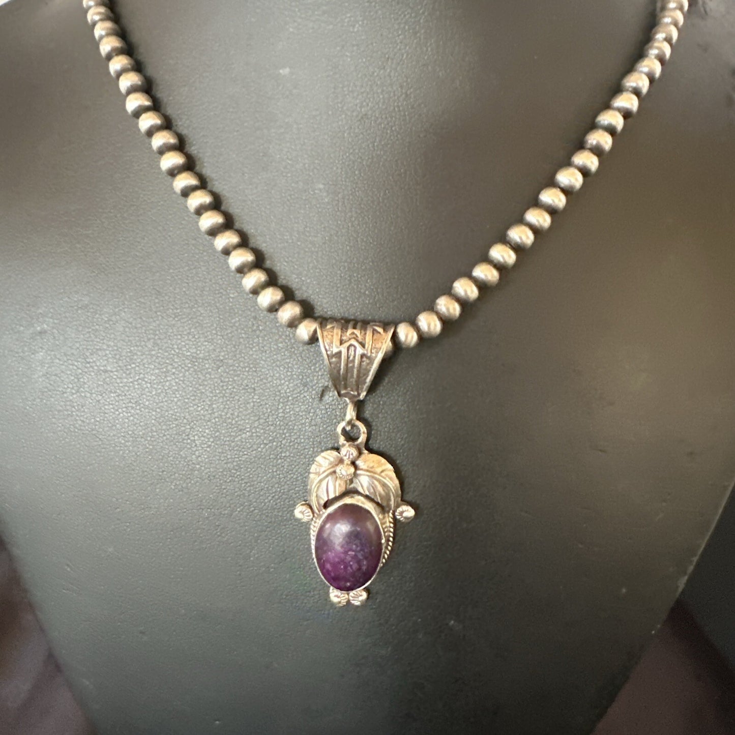 Purple Stone Pendant Navajo Pearls Sterling Silver Necklace 20” 18181