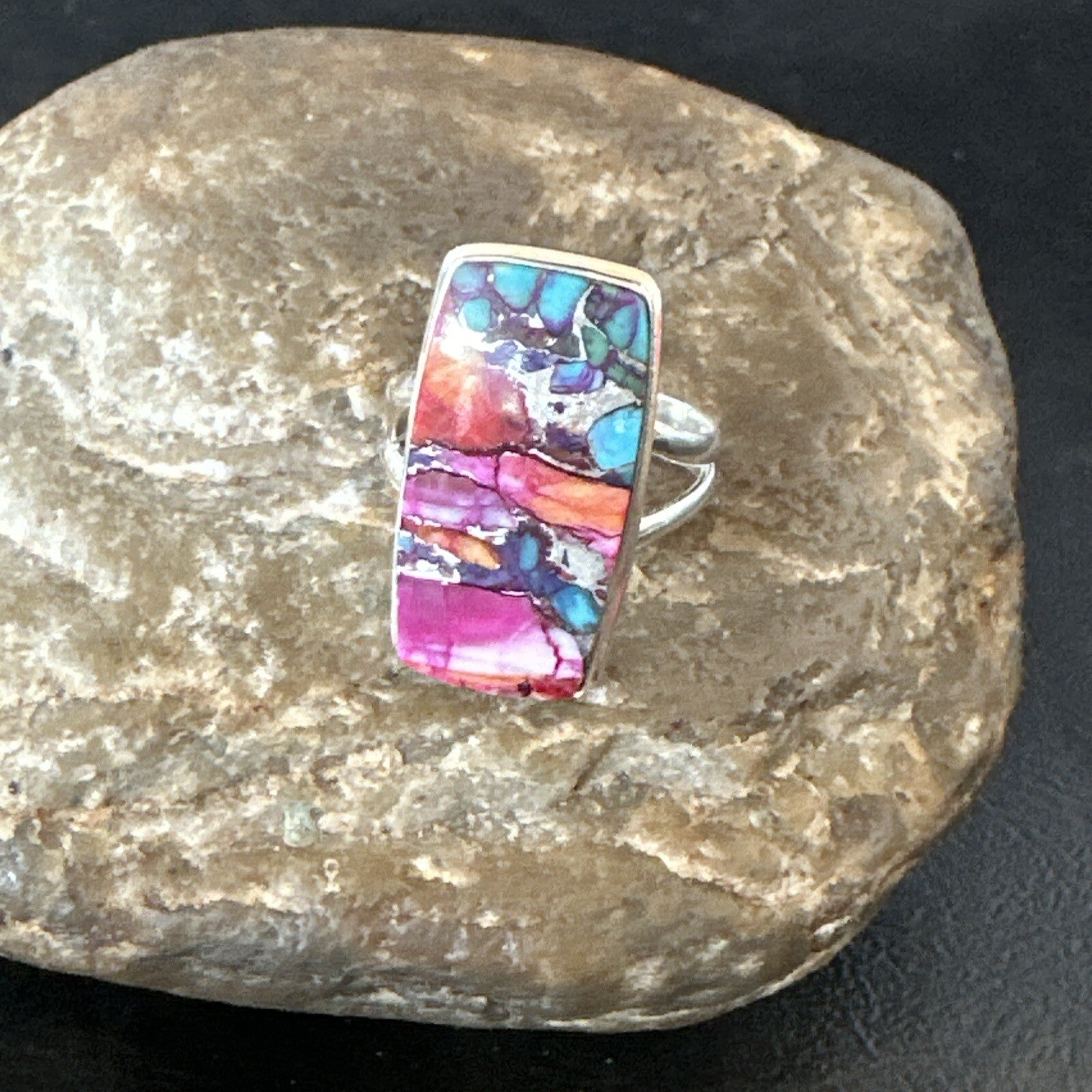 Blue Turquoise Spiny Oyster Southwestern Sterling Silver Ring Size 9 18466