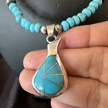 Pottery Blue Kingman Turquoise Pendant Navajo Sterling Silver Necklace 21" 18378