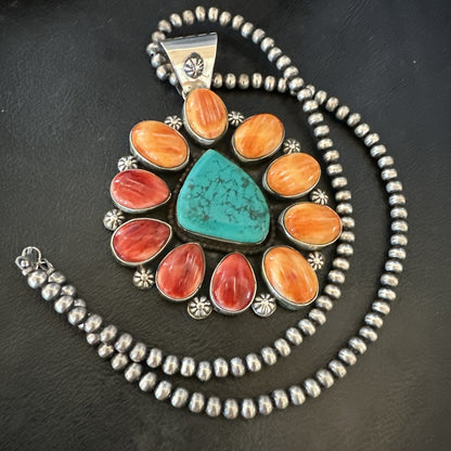 XL Turquoise Orange Spiny Cluster Pendant Navajo Sterling Silver Necklace 18400