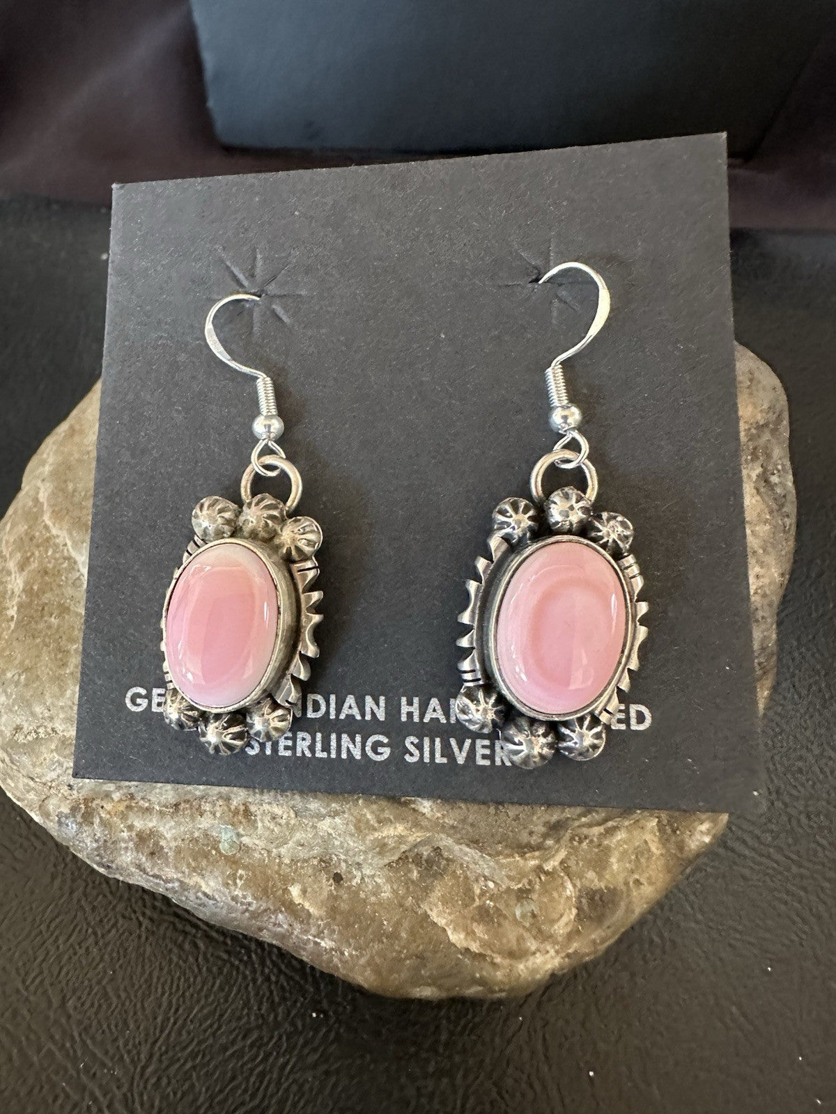 Handmade Pink Queen Conch Sterling Silver Navajo Dangle Earrings Yazzie 19535