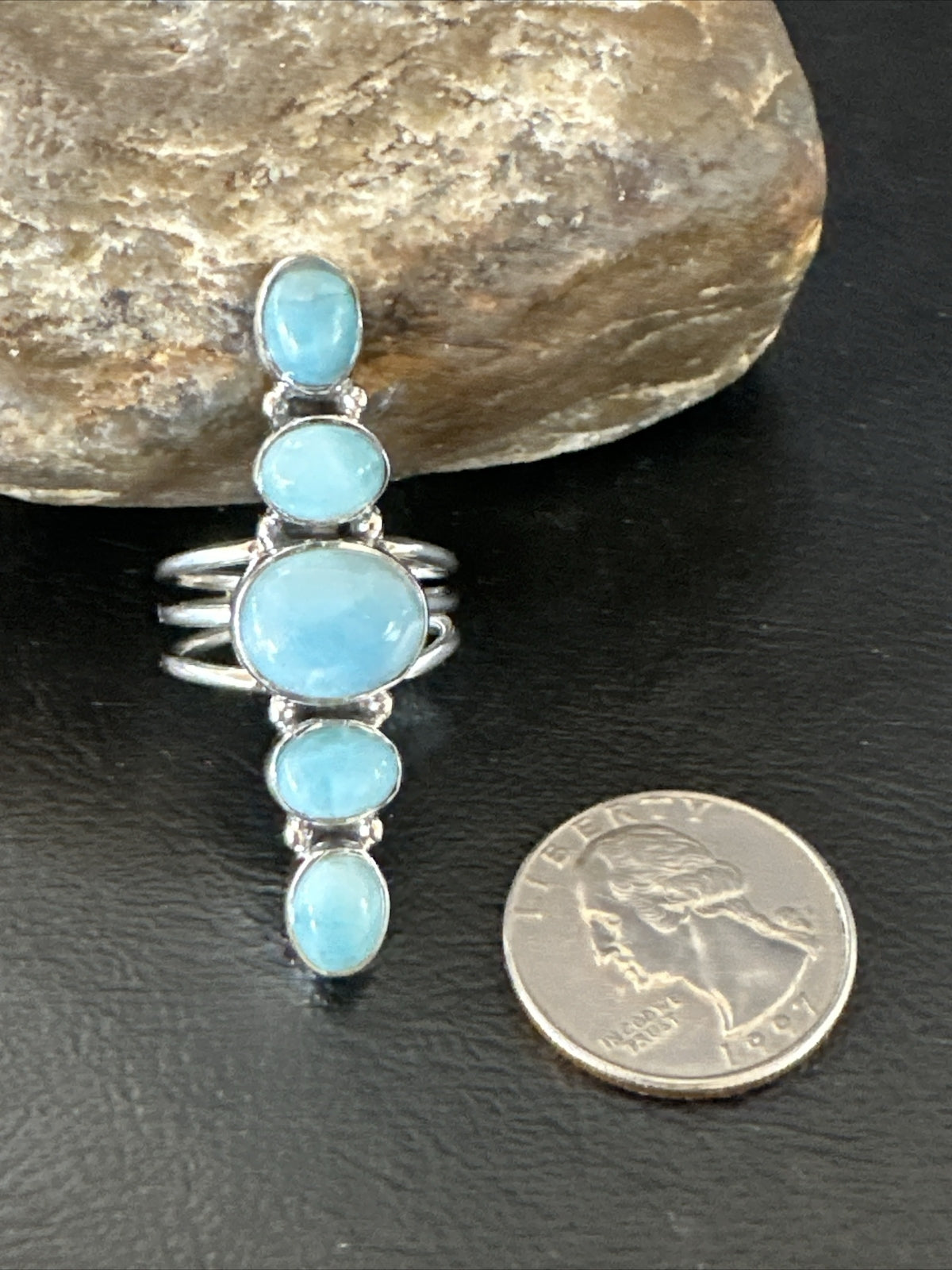 WoMens Cluster Blue Larimar Navajo Sterling Silver Ring Size 8.5 17677