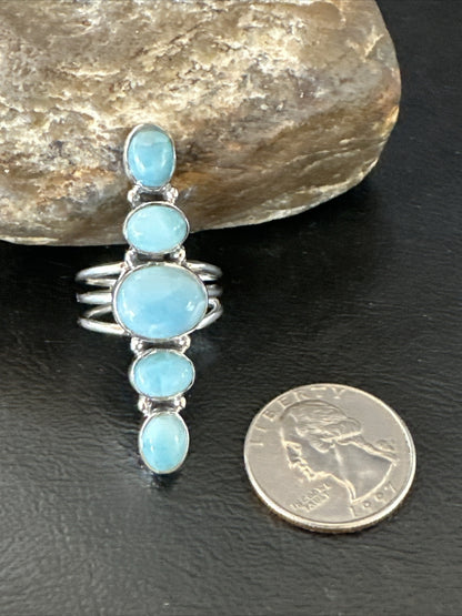 WoMens Cluster Blue Larimar Navajo Sterling Silver Ring Size 8.5 17677