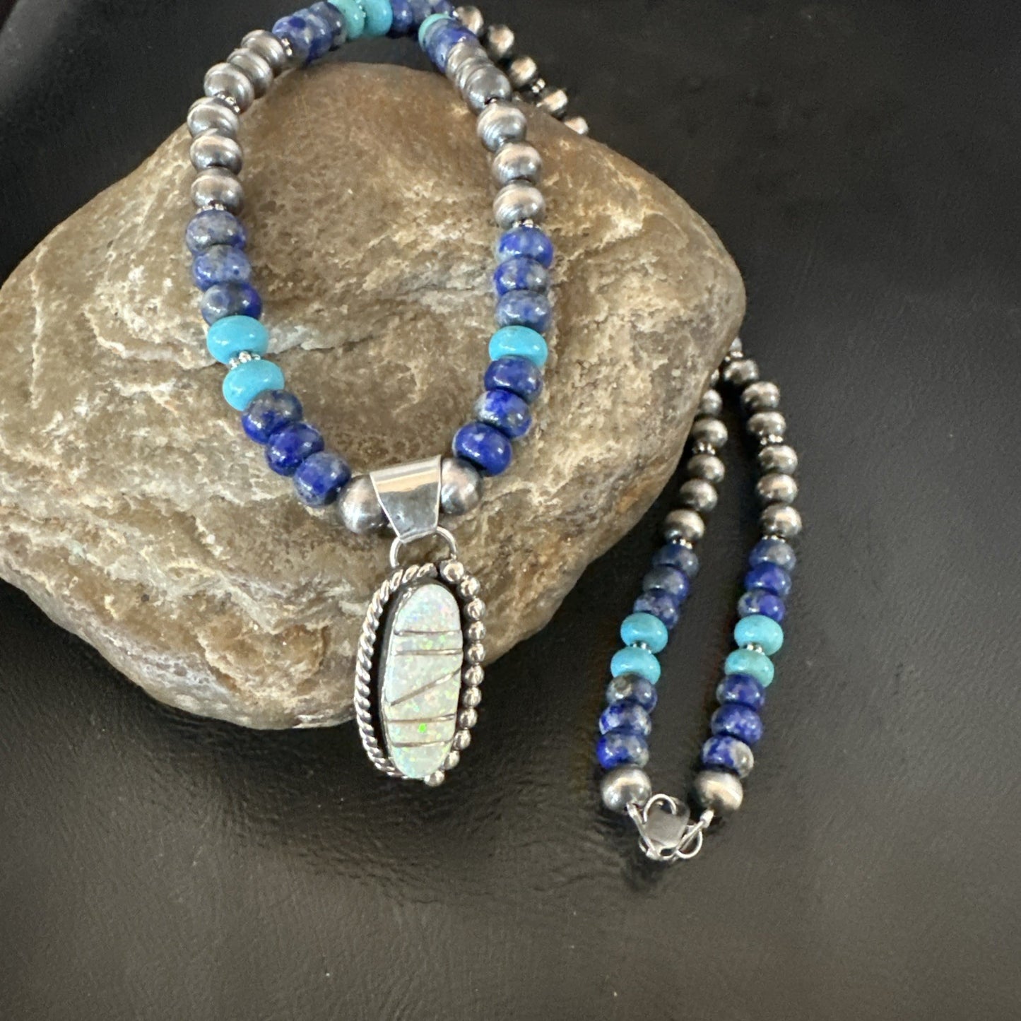 Blue Turquoise White Opal Pendant Lapis Navajo Sterling Silver Necklace 19471