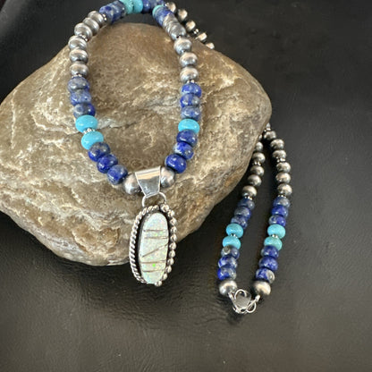 Blue Turquoise White Opal Pendant Lapis Navajo Sterling Silver Necklace 19471