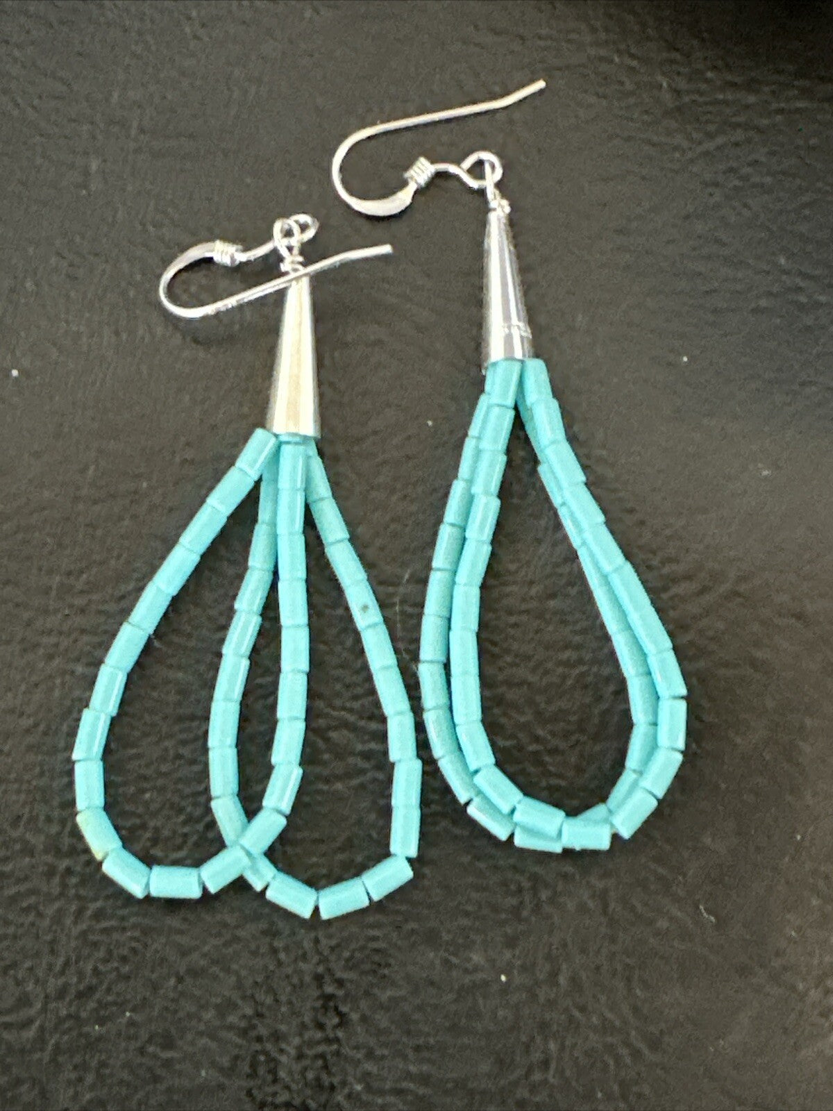 Heishi Dangle Blue Turquoise Sterling Earrings 2” 17955