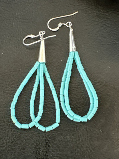 Heishi Dangle Blue Turquoise Sterling Earrings 2” 17955