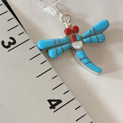 Dragonfly Blue Turquoise Coral MOP Inlay Sterling Silver Earrings 1" 13318