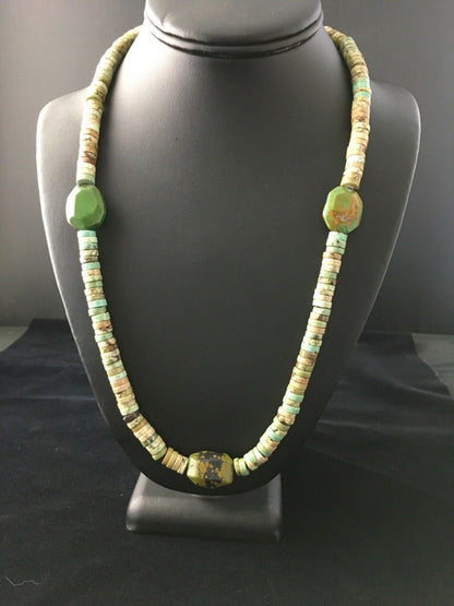 Mens Chunky Green Turquoise Navajo Sterling Silver Heishi Necklace 1797