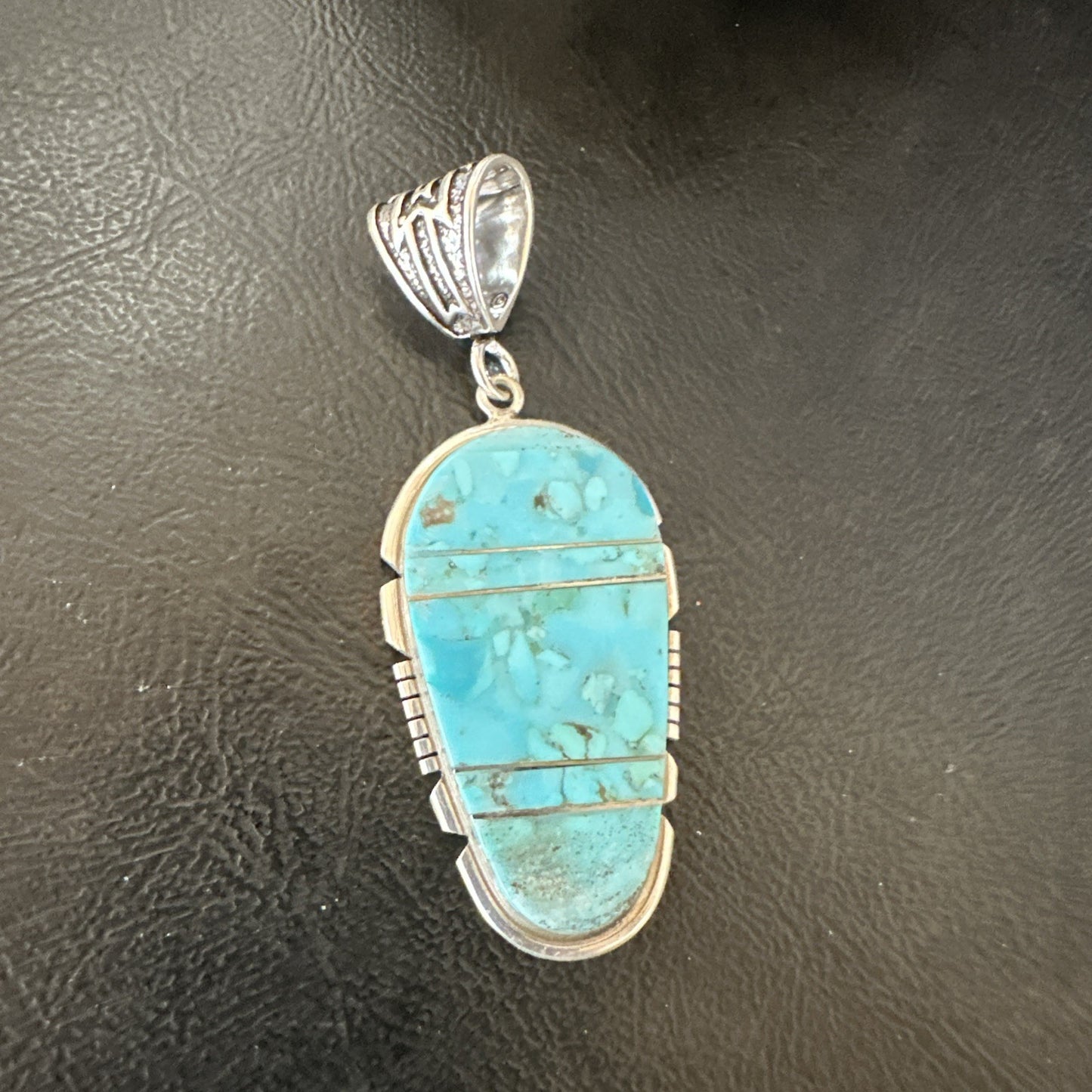 Navajo B E Inlay 925 Sterling Silver Turquoise Pendant Cobblestone 2.5" 19399