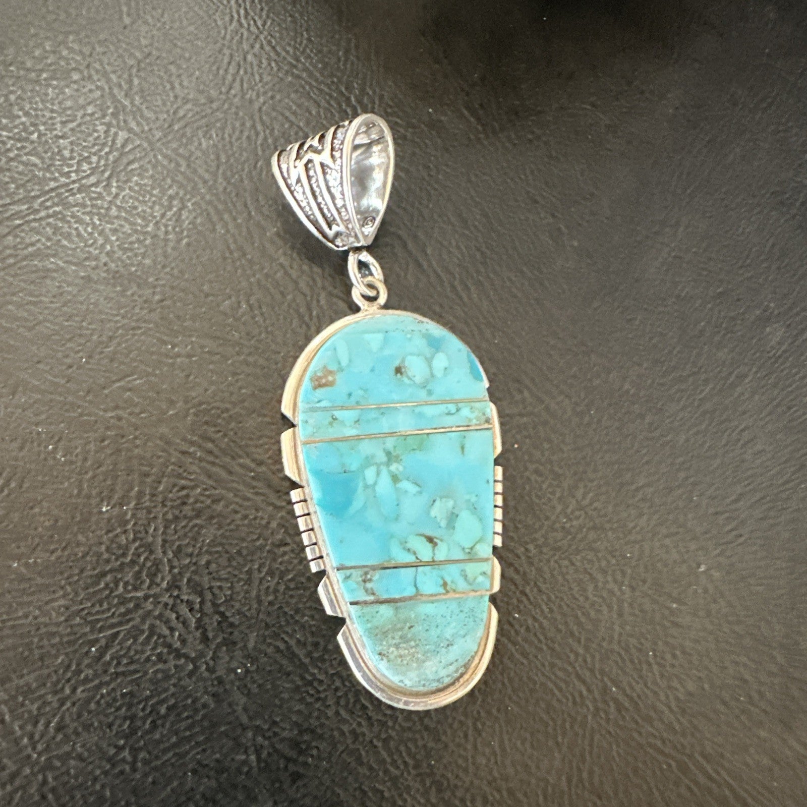 Navajo B E Inlay 925 Sterling Silver Turquoise Pendant Cobblestone 2.5" 19399