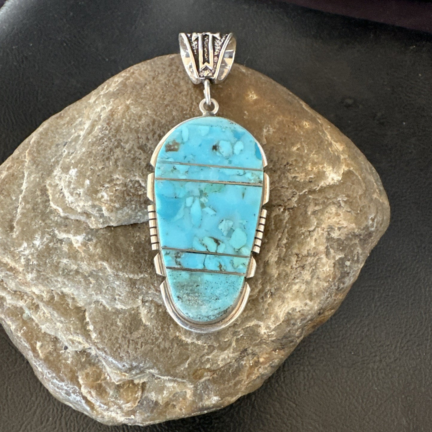 Navajo B E Inlay 925 Sterling Silver Turquoise Pendant Cobblestone 2.5" 19399