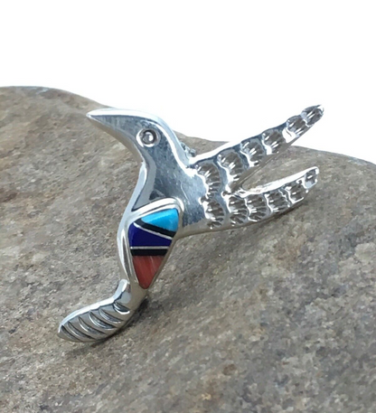 Turquoise Lapis & Coral Hummingbird Inlay Pin Navajo Sterling Silver 02900