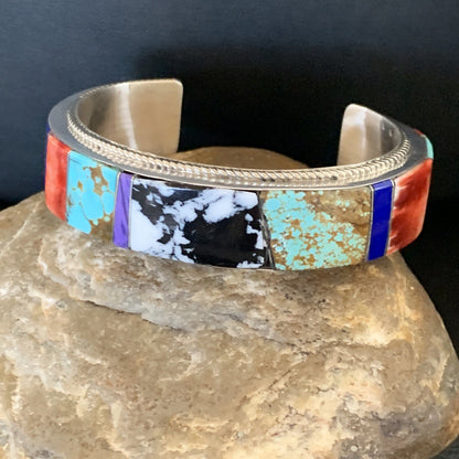 Mens White Turquoise Spiny & Lapis Navajo Sterling Silver Inlay Bracelet 12237