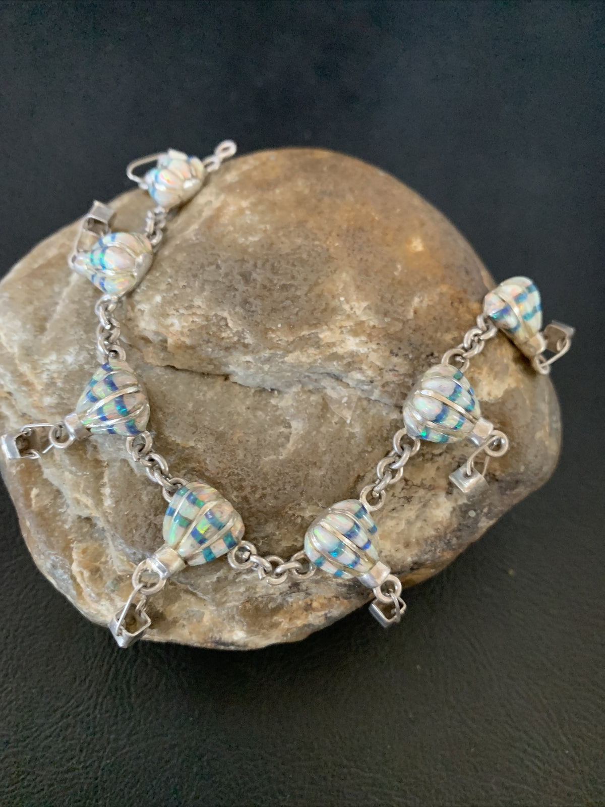 White Blue Opal Balloon Navajo Sterling Silver Link Inlay Bracelet 7.5" 12922