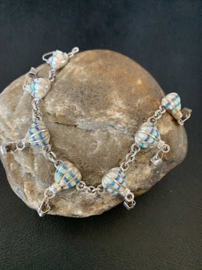 White Blue Opal Balloon Navajo Sterling Silver Link Inlay Bracelet 7.5" 12922