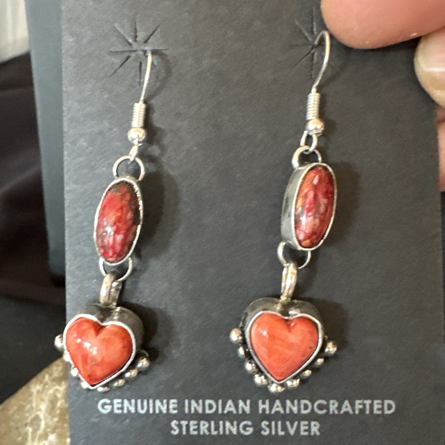Yazzie Red Heart Spiny Oyster Navajo Sterling Silver Dangle Earrings 19797