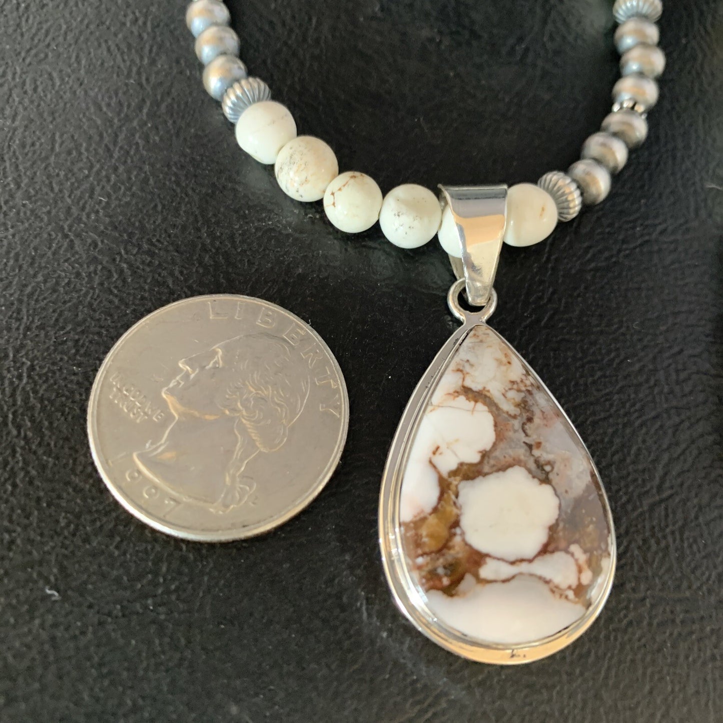 Navajo Pearls Sterling Silver Wild Crazy Horse Turquoise Necklace Pendant 13903