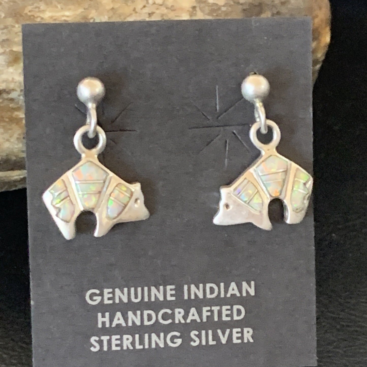 Womens White Opal Bear Inlay Navajo Sterling Silver Dangle Post Earrings 12767