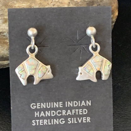 Womens White Opal Bear Inlay Navajo Sterling Silver Dangle Post Earrings 12767