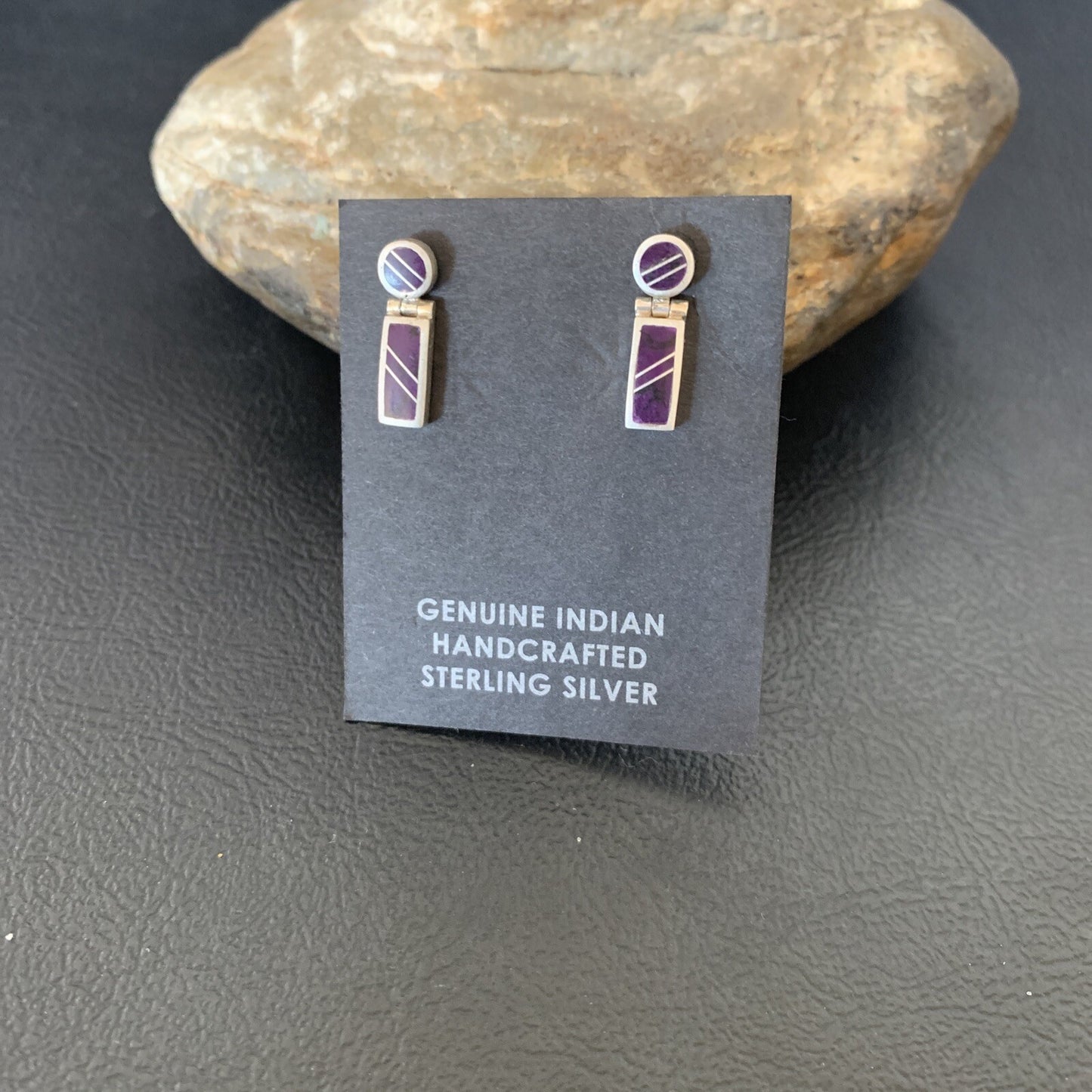 Native Purple Stone Navajo Sterling Silver Dangle Inlay Earrings 0.6" 12682