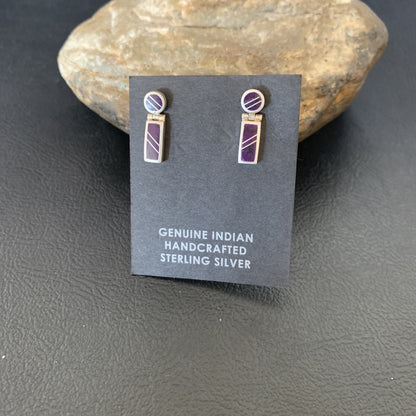 Native Purple Stone Navajo Sterling Silver Dangle Inlay Earrings 0.6" 12682