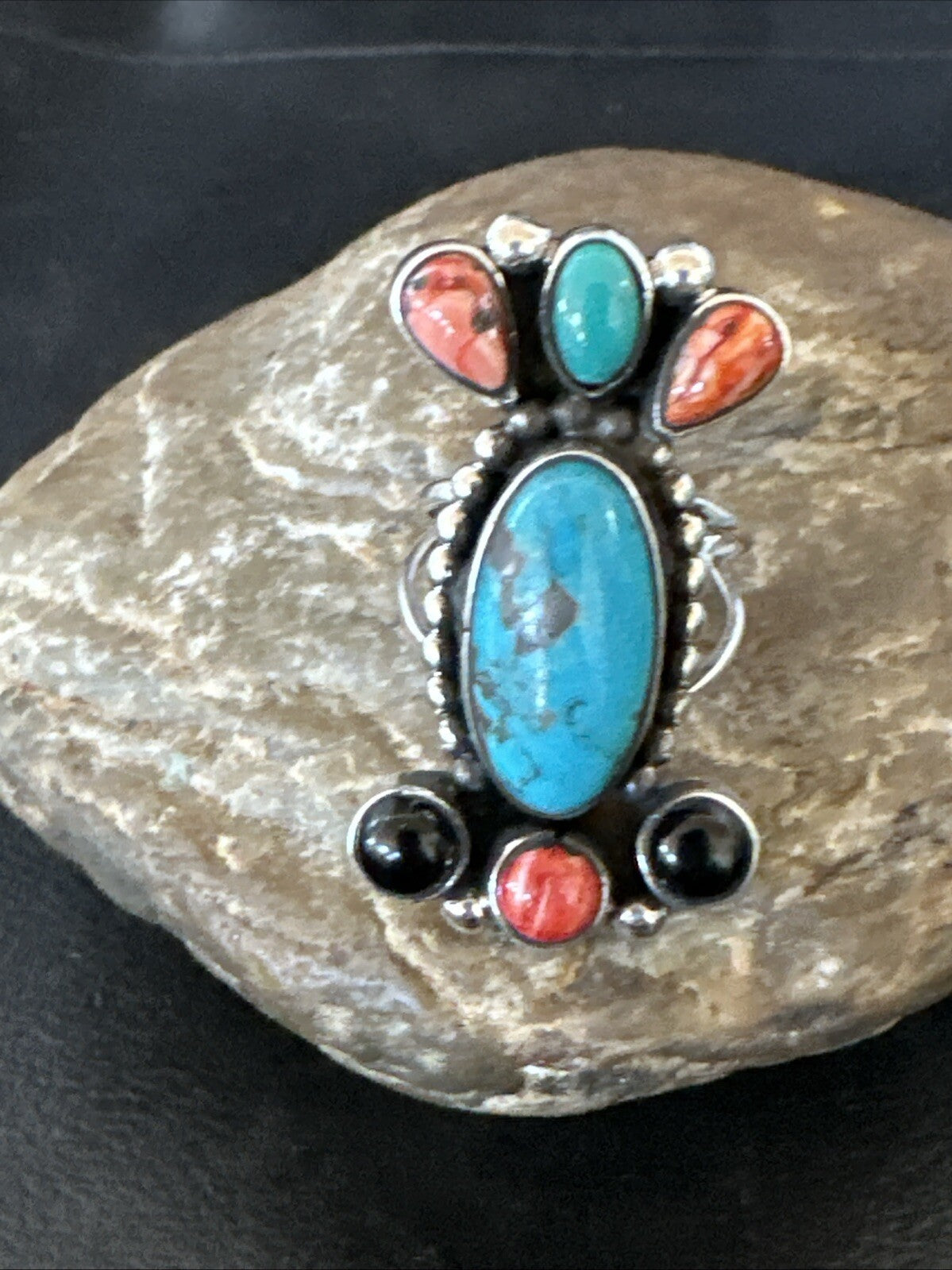 Cluster Blue Turquoise Spiny Oyster Onyx Sterling Silver Ring Size 9 18560