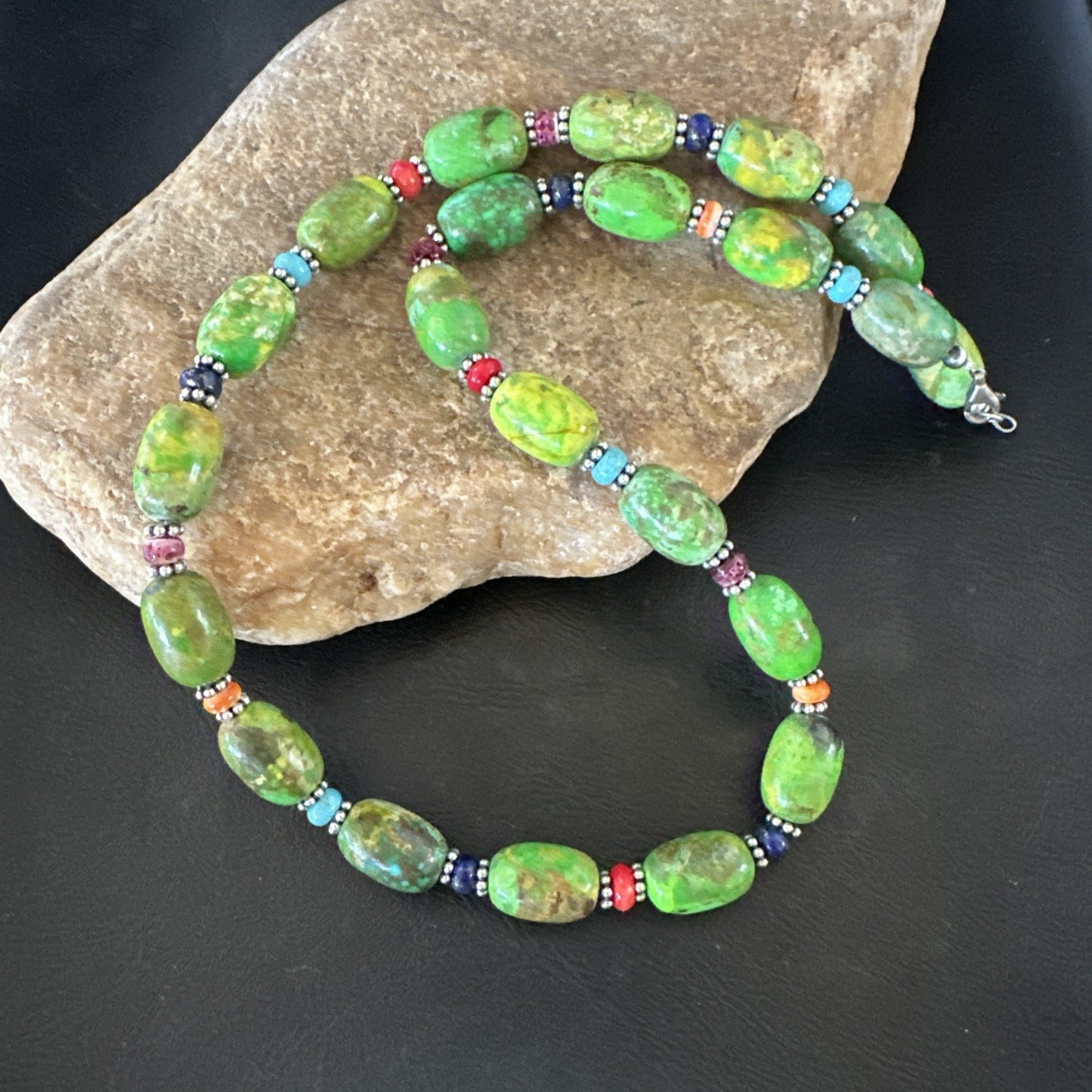 Green Turquoise Multicolor Southwestern Sterling Silver Necklace 22" 19247