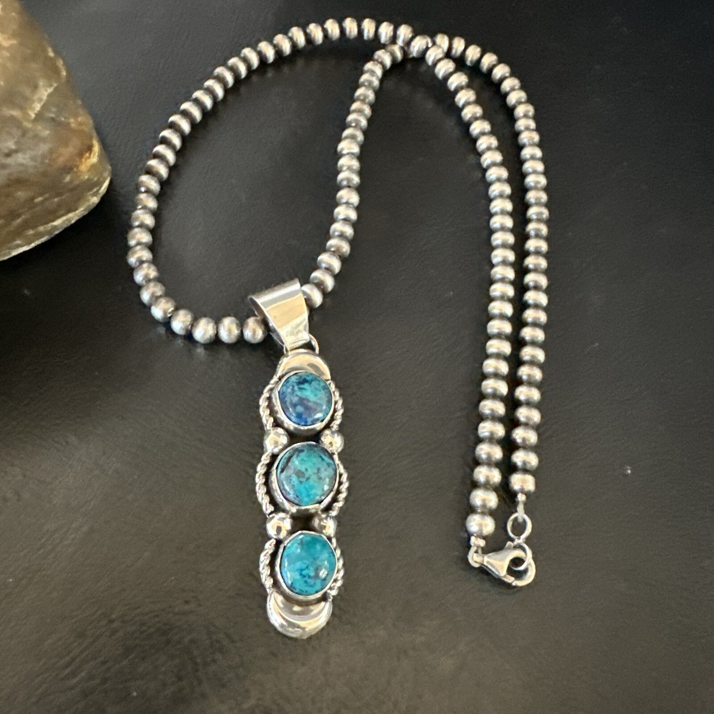 Blue Turquoise 3 Stone Navajo Sterling Silver Cluster Pendant 18193