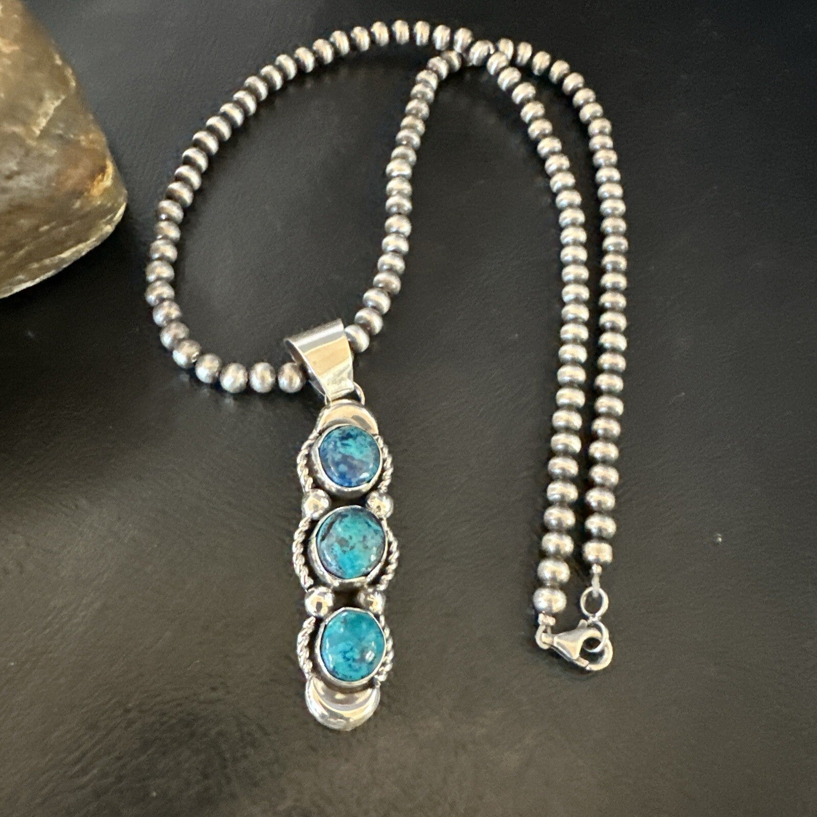 Blue Turquoise 3 Stone Navajo Sterling Silver Cluster Pendant 18193