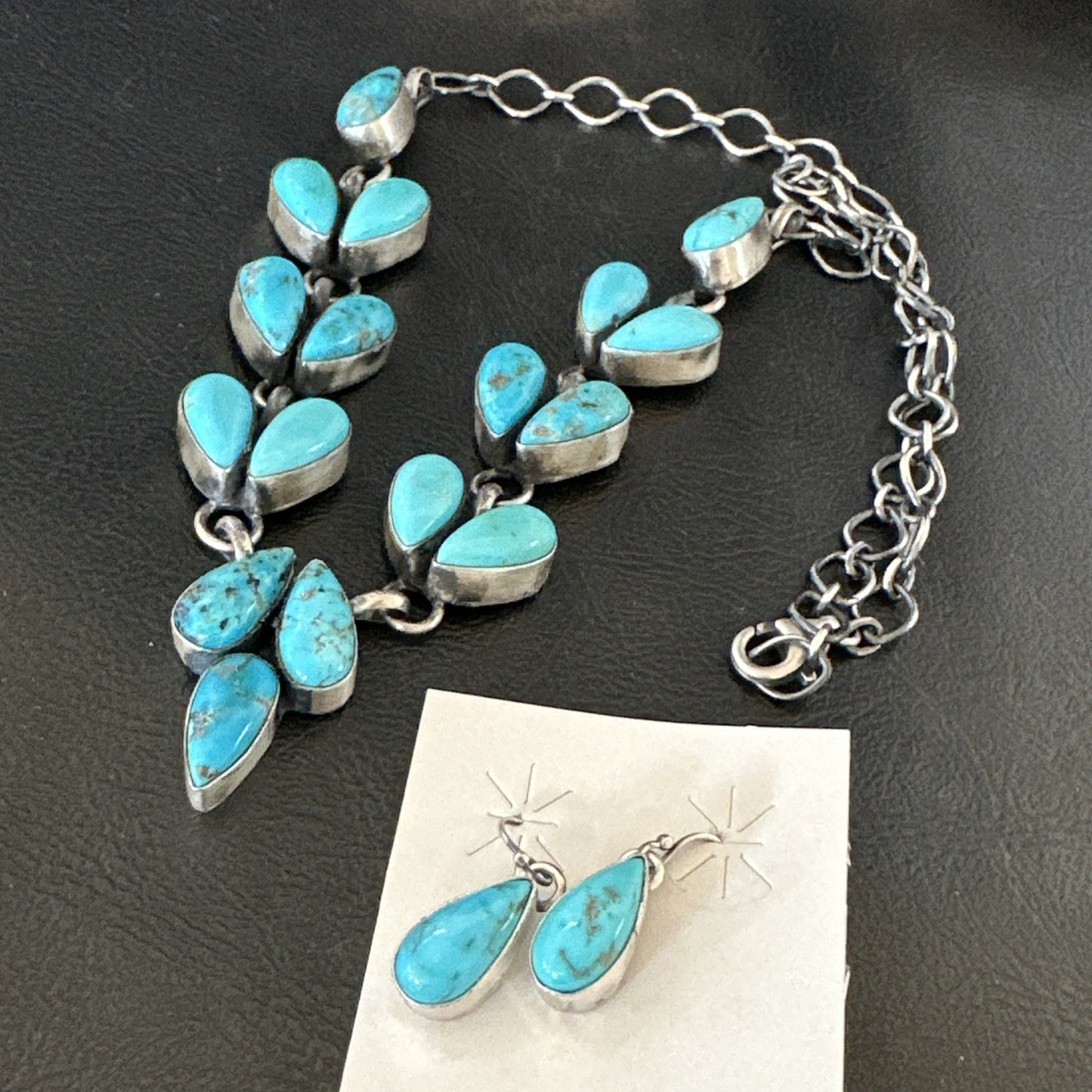 Kingman Turquoise Navajo Sterling Silver Earrings & Lariat Necklace 19" 19278