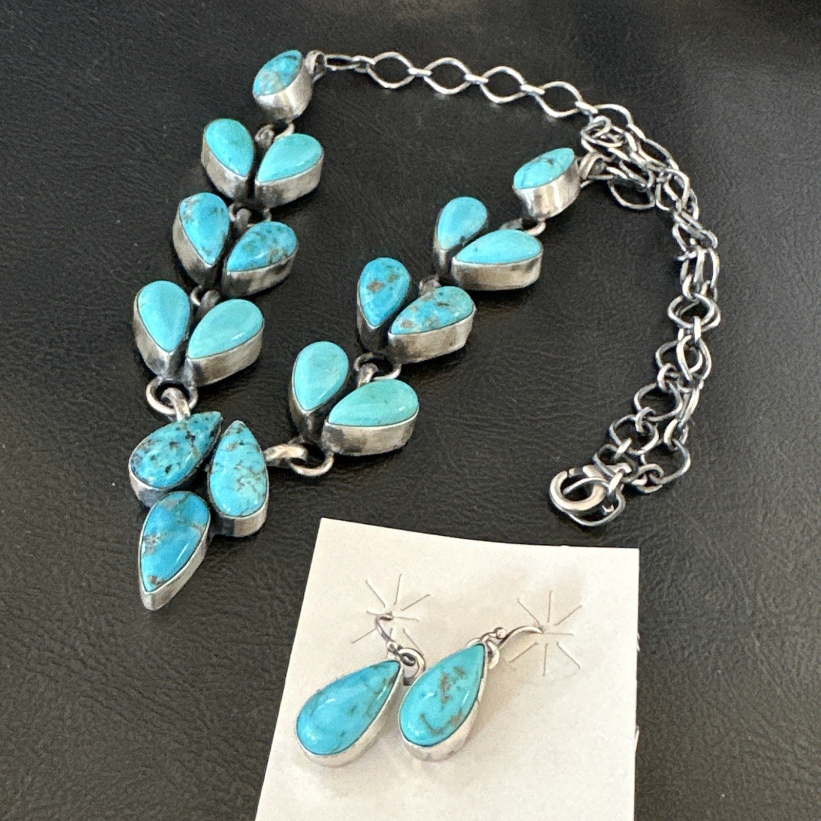 Kingman Turquoise Navajo Sterling Silver Earrings & Lariat Necklace 19" 19278