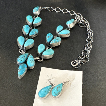 Kingman Turquoise Navajo Sterling Silver Earrings & Lariat Necklace 19" 19278