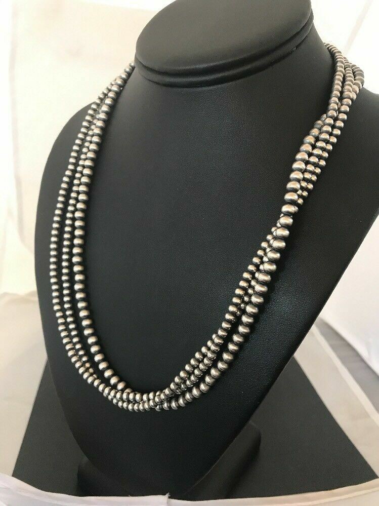 Native American 4, 5, 6 mm Sterling Silver Beads 3 Strand 36” Necklace