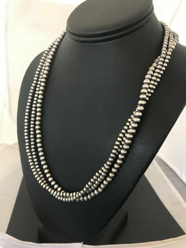 4, 5, 6mm Beads 3 Strand 36"Necklace | Sterling Silver | Authentic Native American Handmade