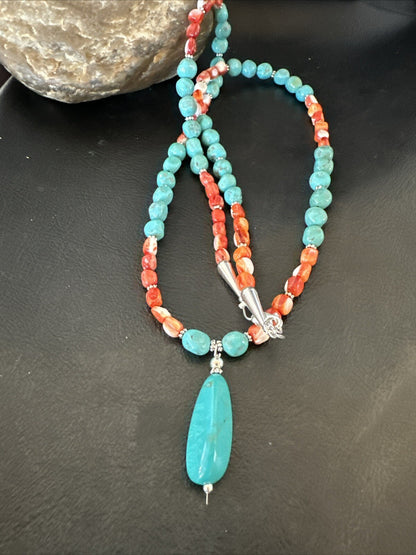 Red Spiny Oyster Blue Turquoise Navajo Sterling Silver Necklace 17954