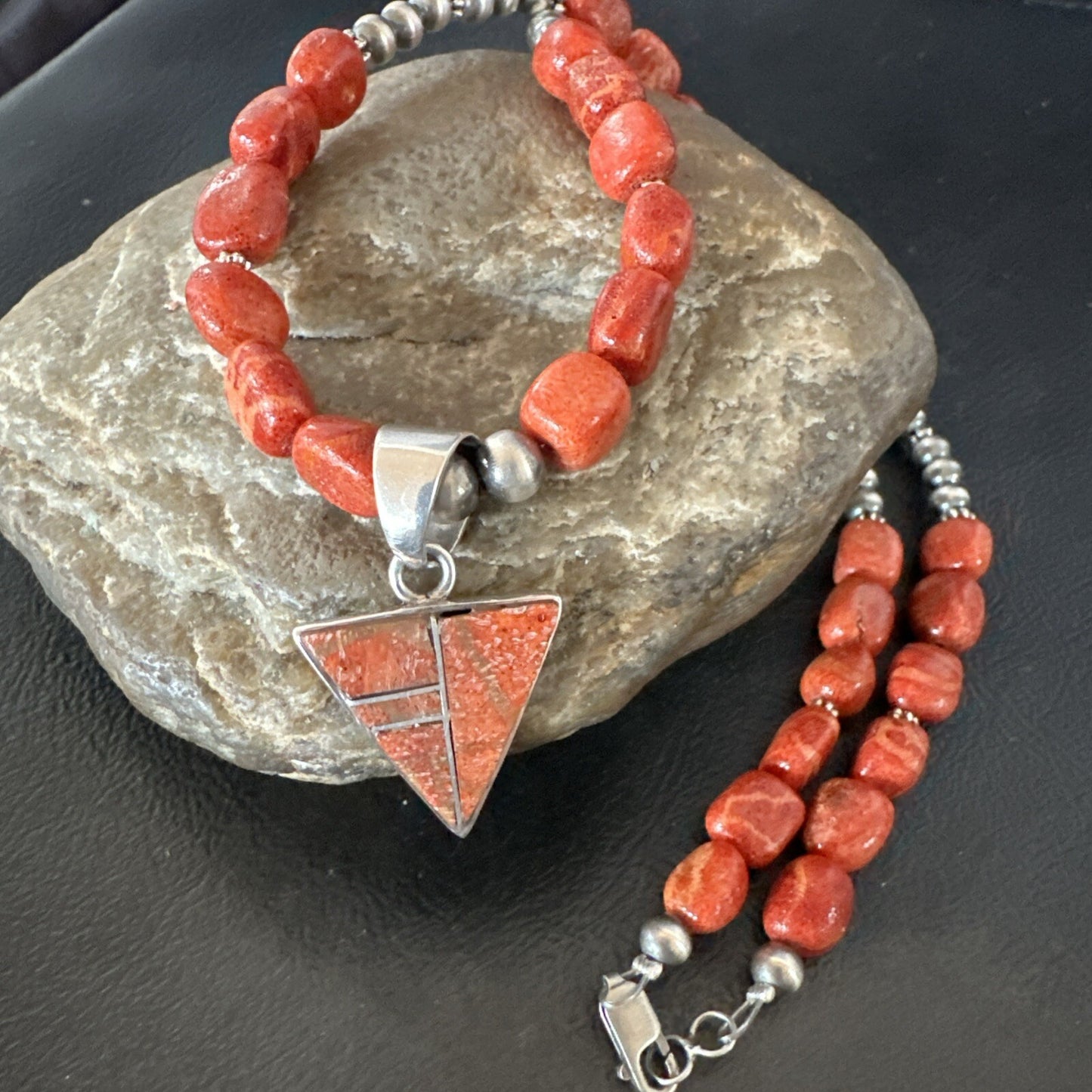 Navajo Apple Sponge Coral Sterling Silver Necklace Inlay Pendant 21” 18755