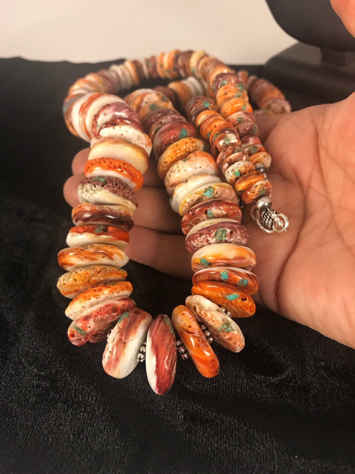Mens Turquoise & Spiny Oyster Navajo Sterling Silver Beads Necklace 32" 08419