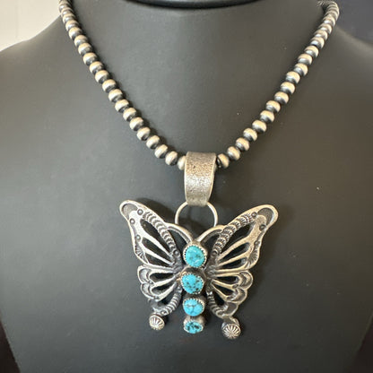 Butterfly Blue Kingman Turquoise Pendant Navajo Sterling Silver Necklace 19295