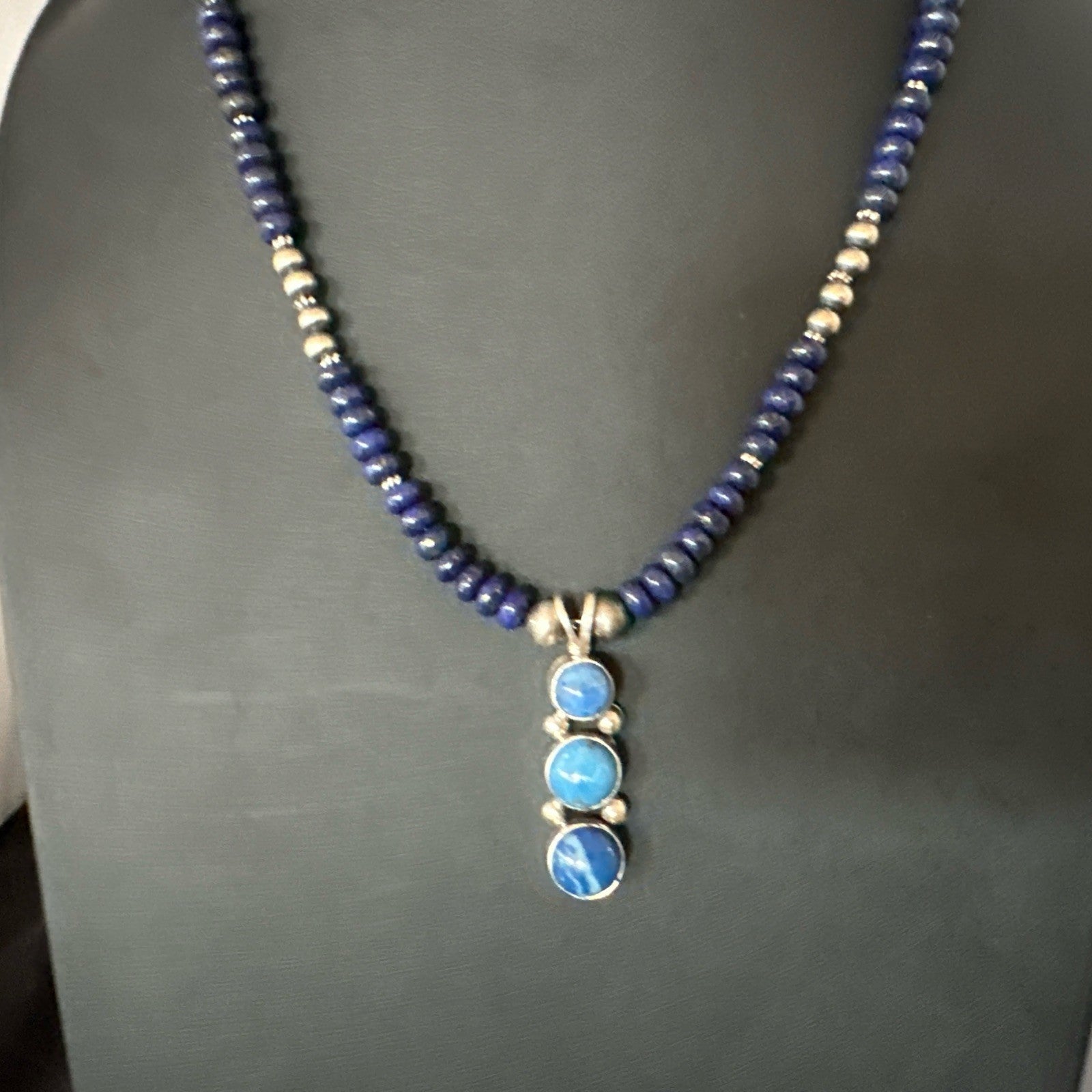 Handmade Blue Lapis Cluster Pendant NavajoSterling Silver Necklace 2" 19655