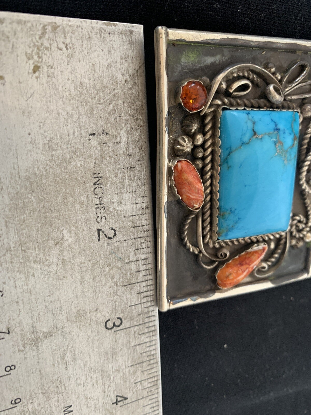 Blue Turquoise Spiny Oyster Navajo Sterling Silver Concho Belt Buckle 00717