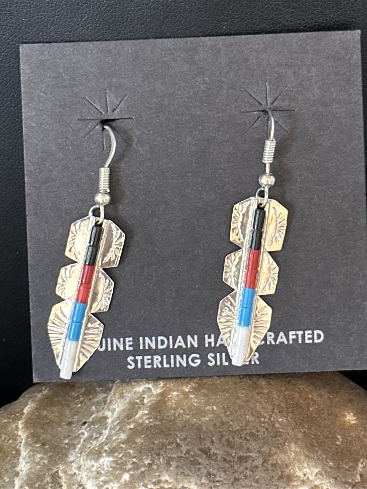 Lapis, Opal, Coral Navajo Sterling Silver Inlay Earrings 1.5” 14770