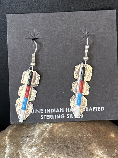 Lapis, Opal, Coral Navajo Sterling Silver Inlay Earrings 1.5” 14770