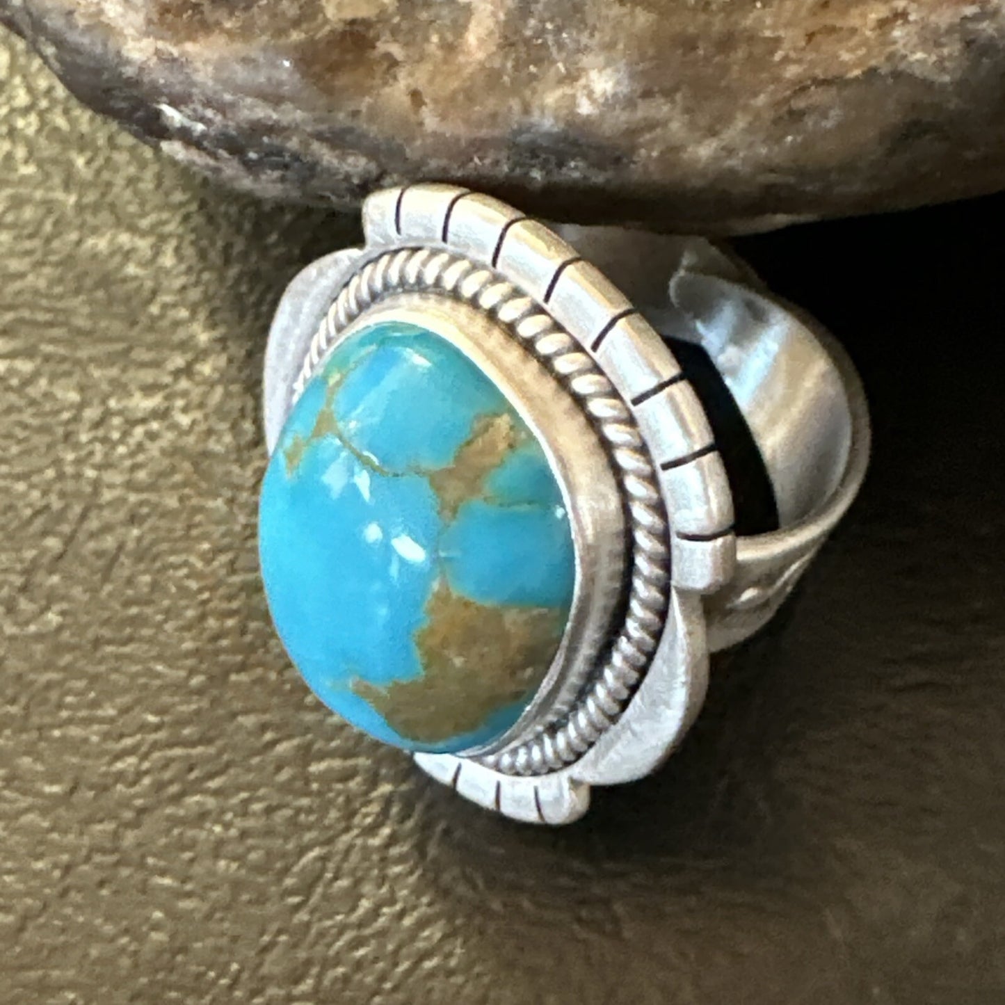 Blue Kingman Turquoise Navajo Sterling Silver Adjustable Ring Size 7 18824