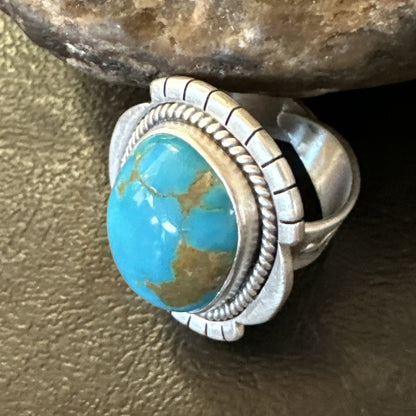 Blue Kingman Turquoise Navajo Sterling Silver Adjustable Ring Size 7 18824