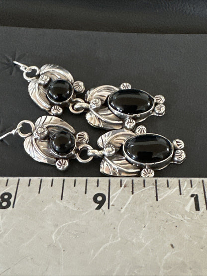 Black Onyx Navajo Sterling Silver Dangle Earrings 1.5" 18285