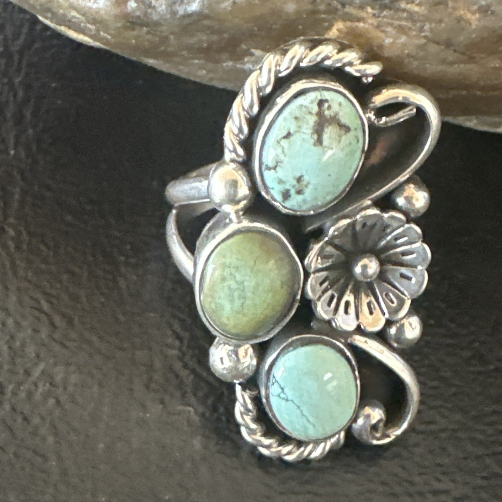 Blue Green Turquoise Navajo Sterling Silver Cluster Ring Size 8.5 19079