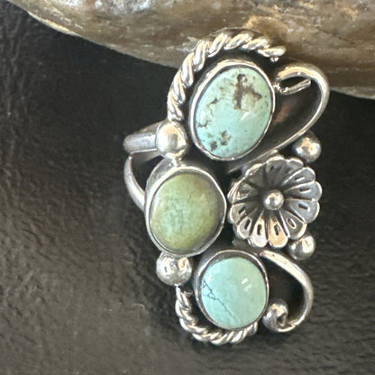 Blue Green Turquoise Navajo Sterling Silver Cluster Ring Size 8.5 19079